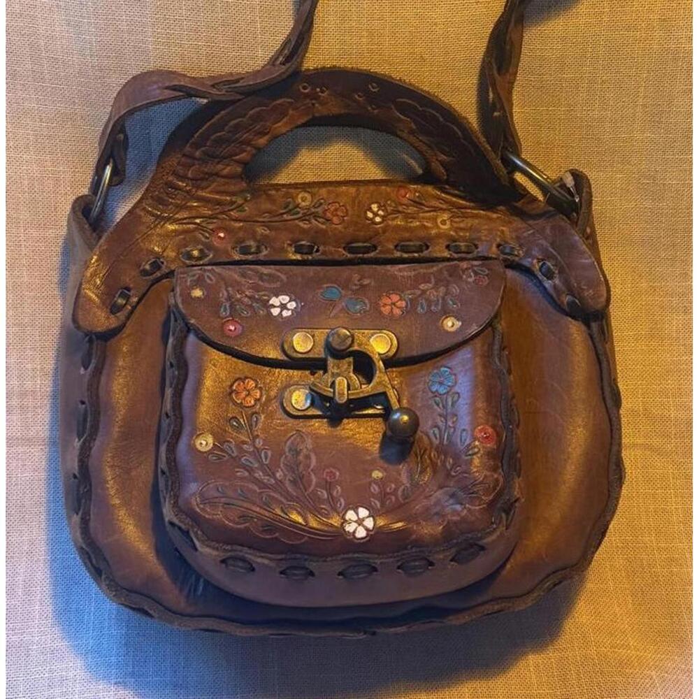 Vintage Brown Leather Shoulder Bag with Floral Embossing